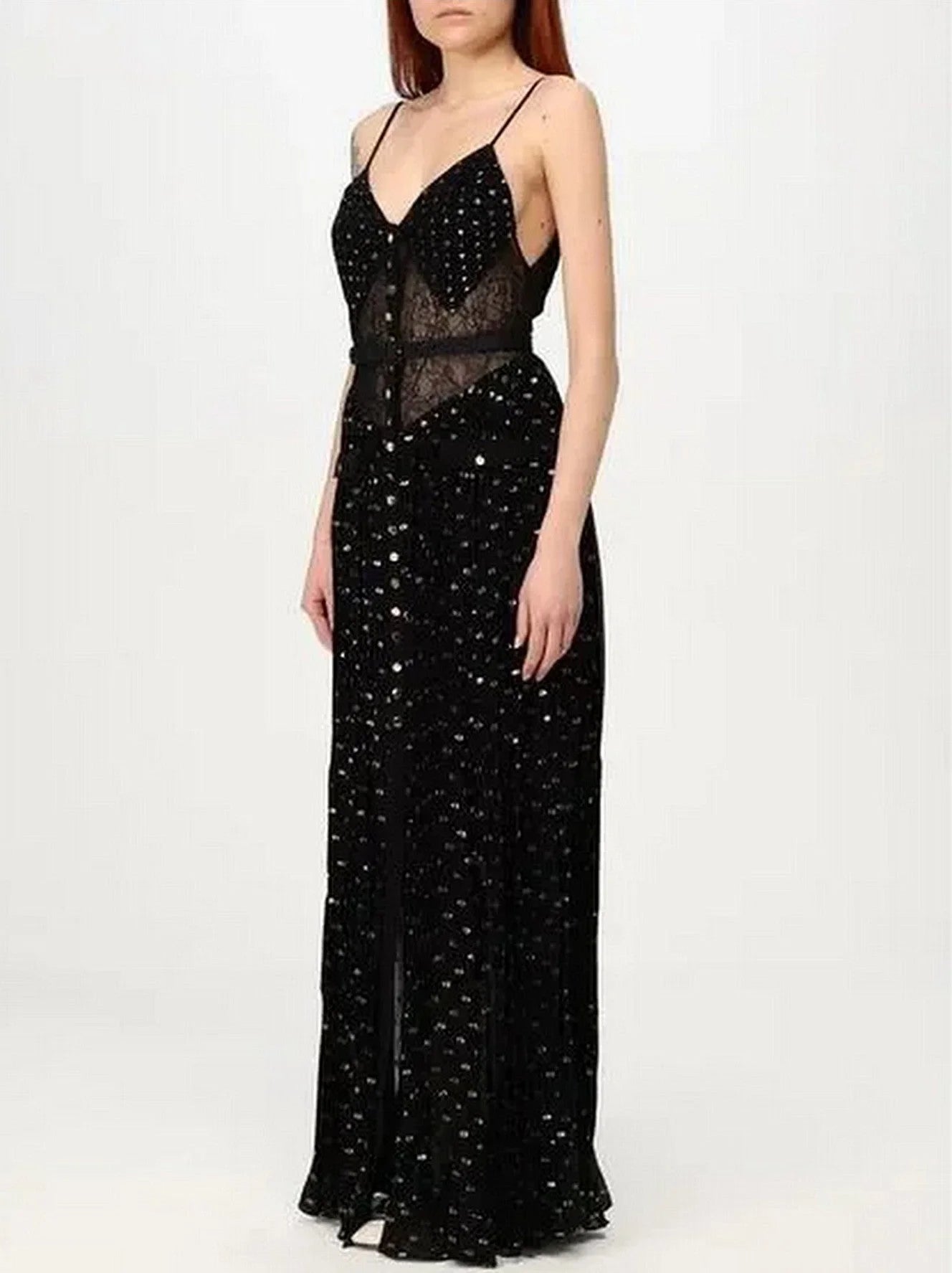 Belted Black Gold-Spotted Chiffon Maxi Dress - Dresses