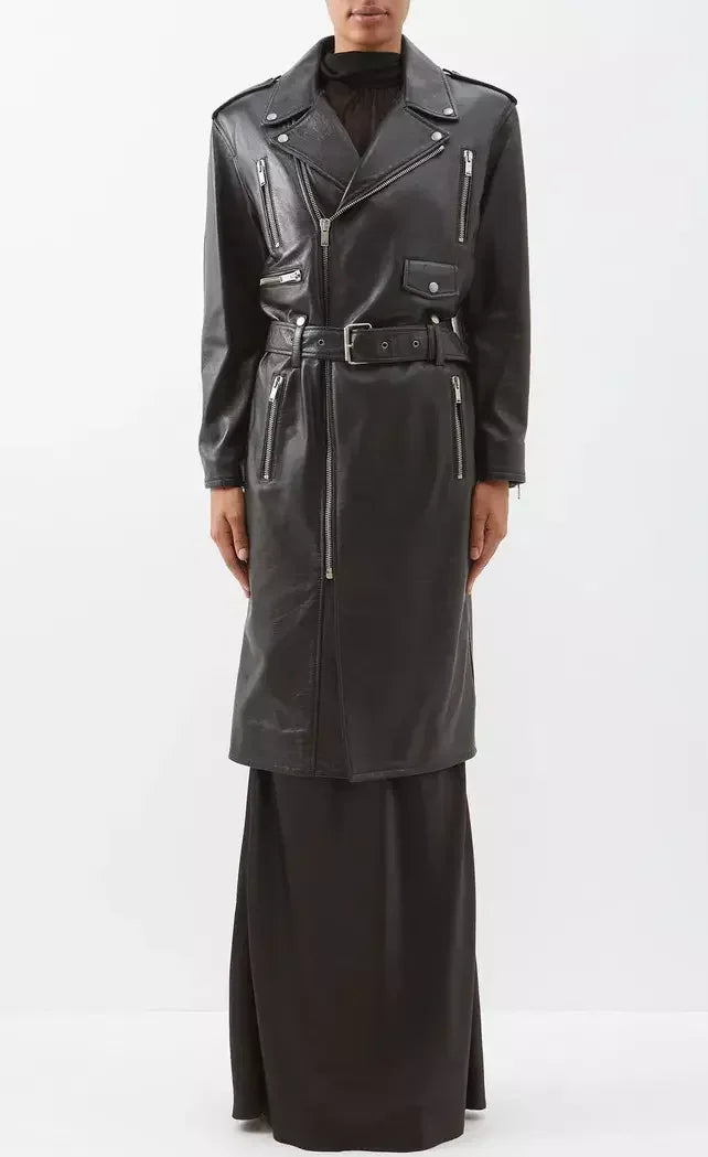 Belted Black Leather Zip-Pocket Midi Biker Coat - Coats