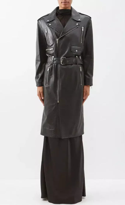 Belted Black Leather Zip-Pocket Midi Biker Coat - Coats