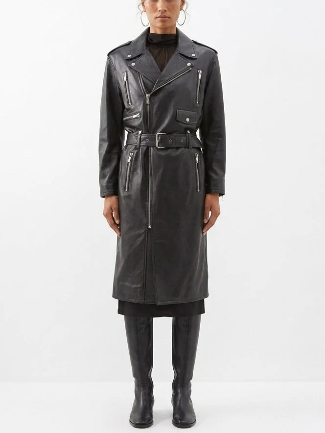 Belted Black Leather Zip-Pocket Midi Biker Coat - Coats