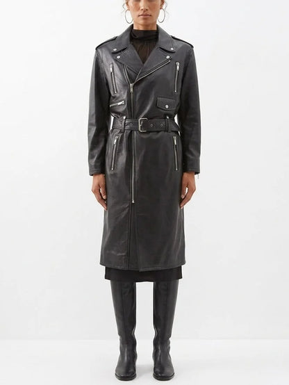 Belted Black Leather Zip-Pocket Midi Biker Coat - Coats