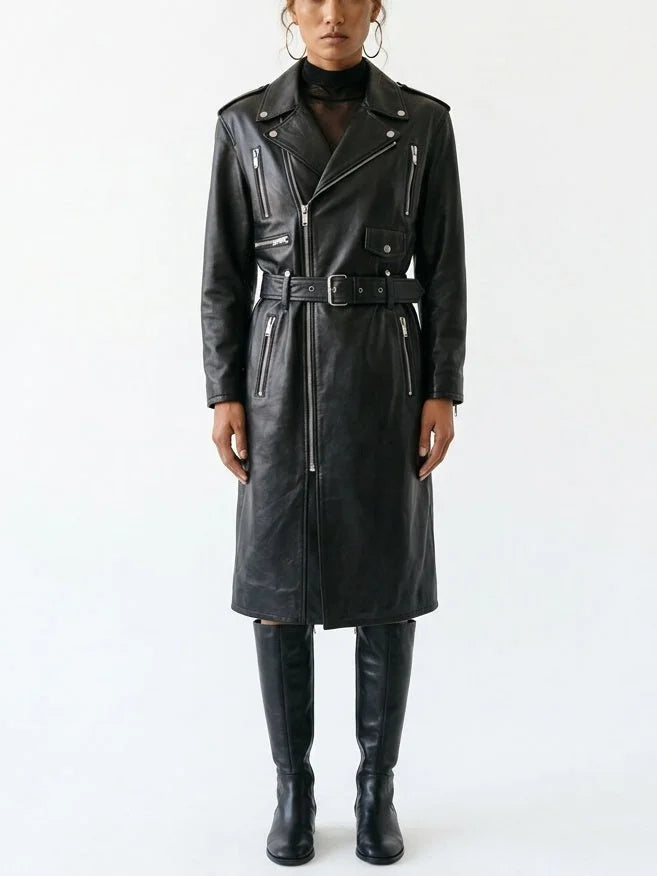 Belted Black Leather Zip-Pocket Midi Biker Coat - Coats
