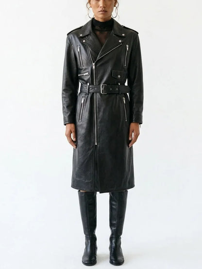 Belted Black Leather Zip-Pocket Midi Biker Coat - Coats
