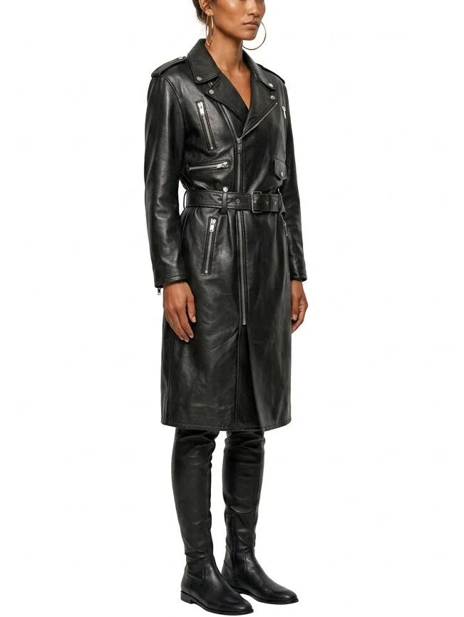 Belted Black Leather Zip-Pocket Midi Biker Coat - Coats