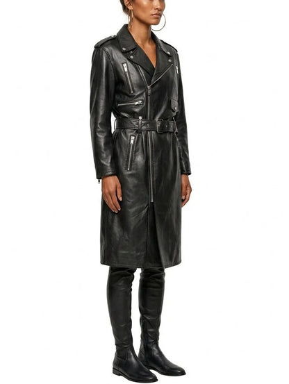 Belted Black Leather Zip-Pocket Midi Biker Coat - Coats