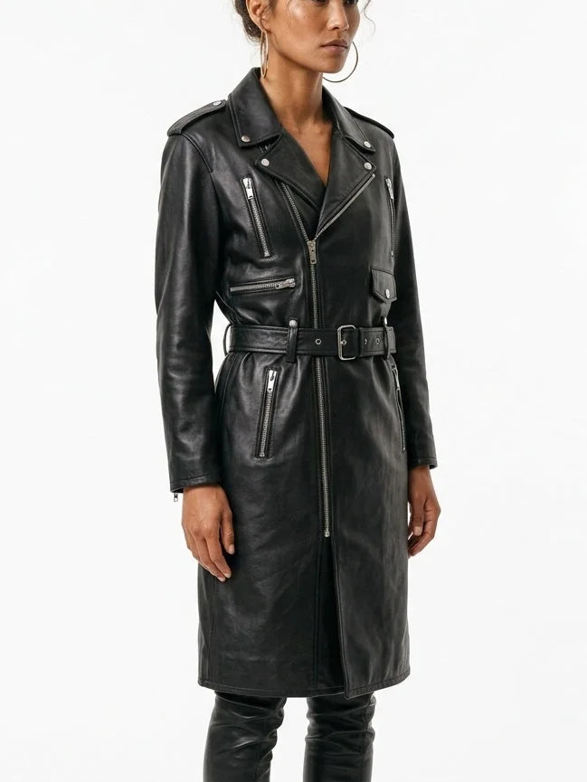 Belted Black Leather Zip-Pocket Midi Biker Coat - Coats