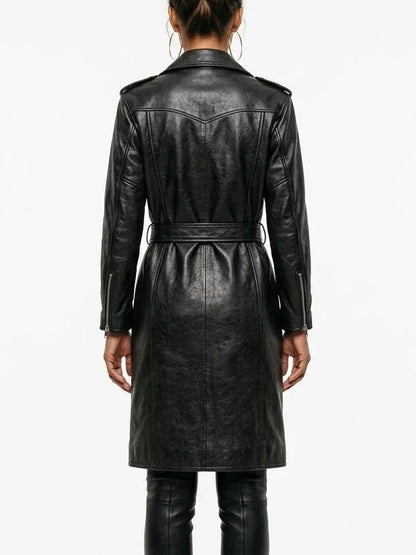 Belted Black Leather Zip-Pocket Midi Biker Coat - Coats