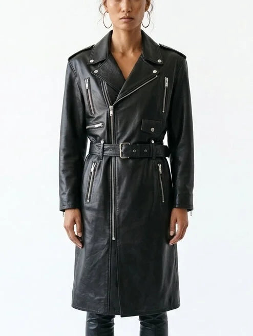 Belted Black Leather Zip-Pocket Midi Biker Coat - Coats