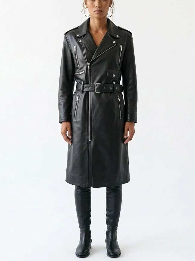 Belted Black Leather Zip-Pocket Midi Biker Coat - Coats