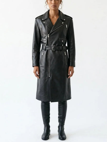 Belted Black Leather Zip-Pocket Midi Biker Coat - Coats