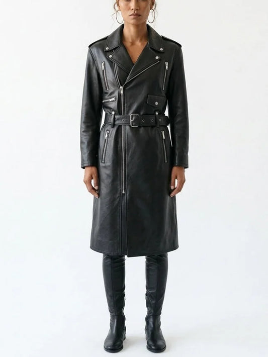 Belted Black Leather Zip-Pocket Midi Biker Coat - Coats