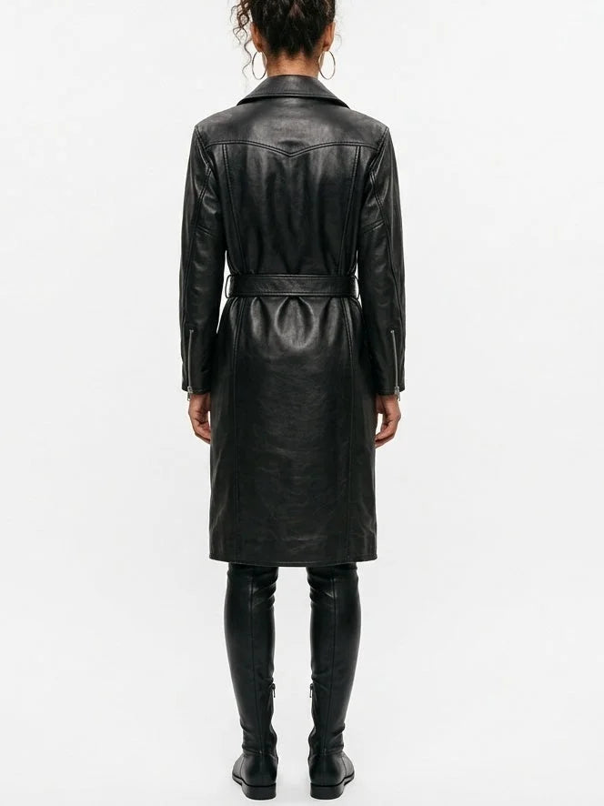 Belted Black Leather Zip-Pocket Midi Biker Coat - Coats