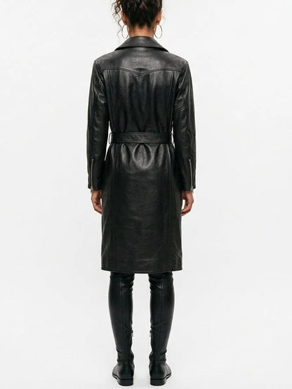Belted Black Leather Zip-Pocket Midi Biker Coat - Coats