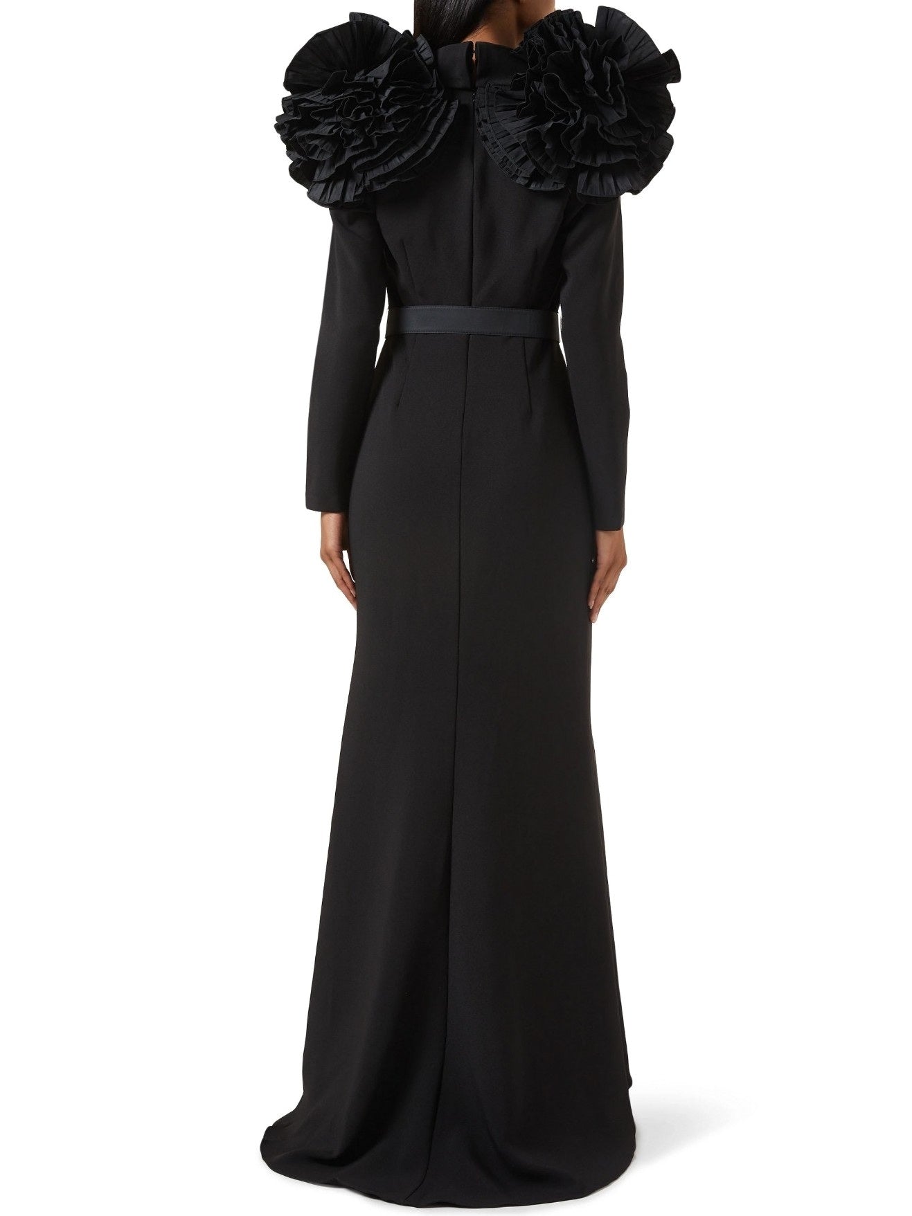 Belted Black Ruffled Shoulder Crepe Buttoned Gown