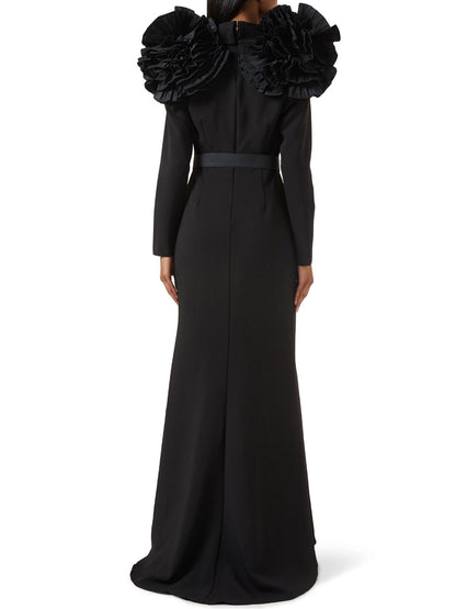 Belted Black Ruffled Shoulder Crepe Buttoned Gown