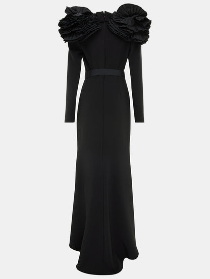 Belted Black Ruffled Shoulder Crepe Buttoned Gown
