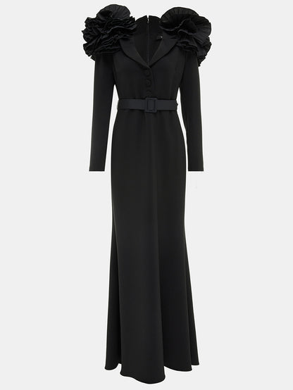 Belted Black Ruffled Shoulder Crepe Buttoned Gown