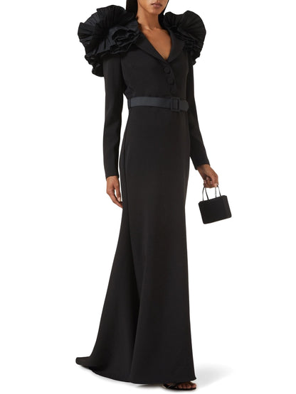 Belted Black Ruffled Shoulder Crepe Buttoned Gown