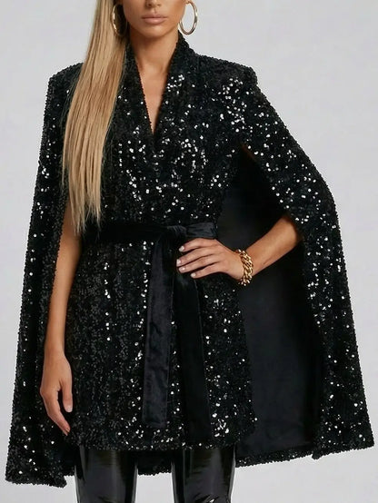 Belted Black Sequin Cape-Style Coat - Coats