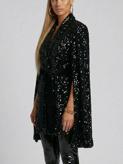 Belted Black Sequin Cape-Style Coat - Coats