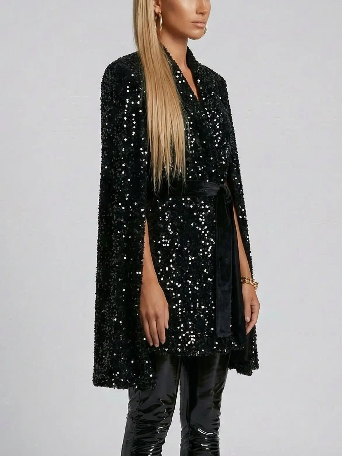 Belted Black Sequin Cape-Style Coat - Coats