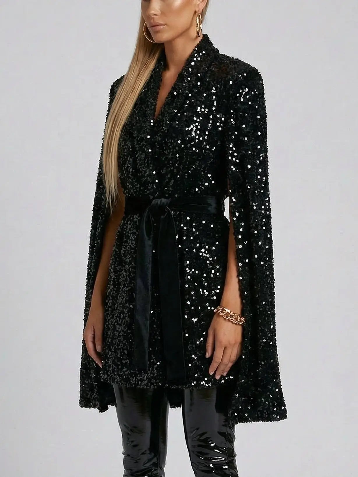 Belted Black Sequin Cape-Style Coat - Coats