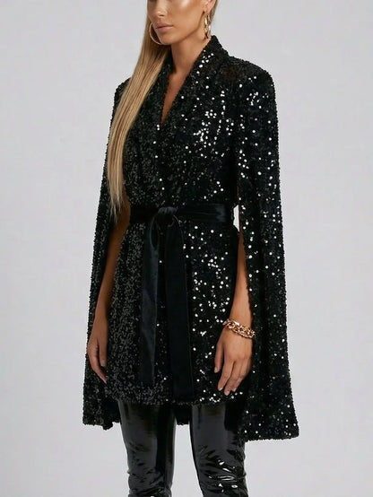 Belted Black Sequin Cape-Style Coat - Coats