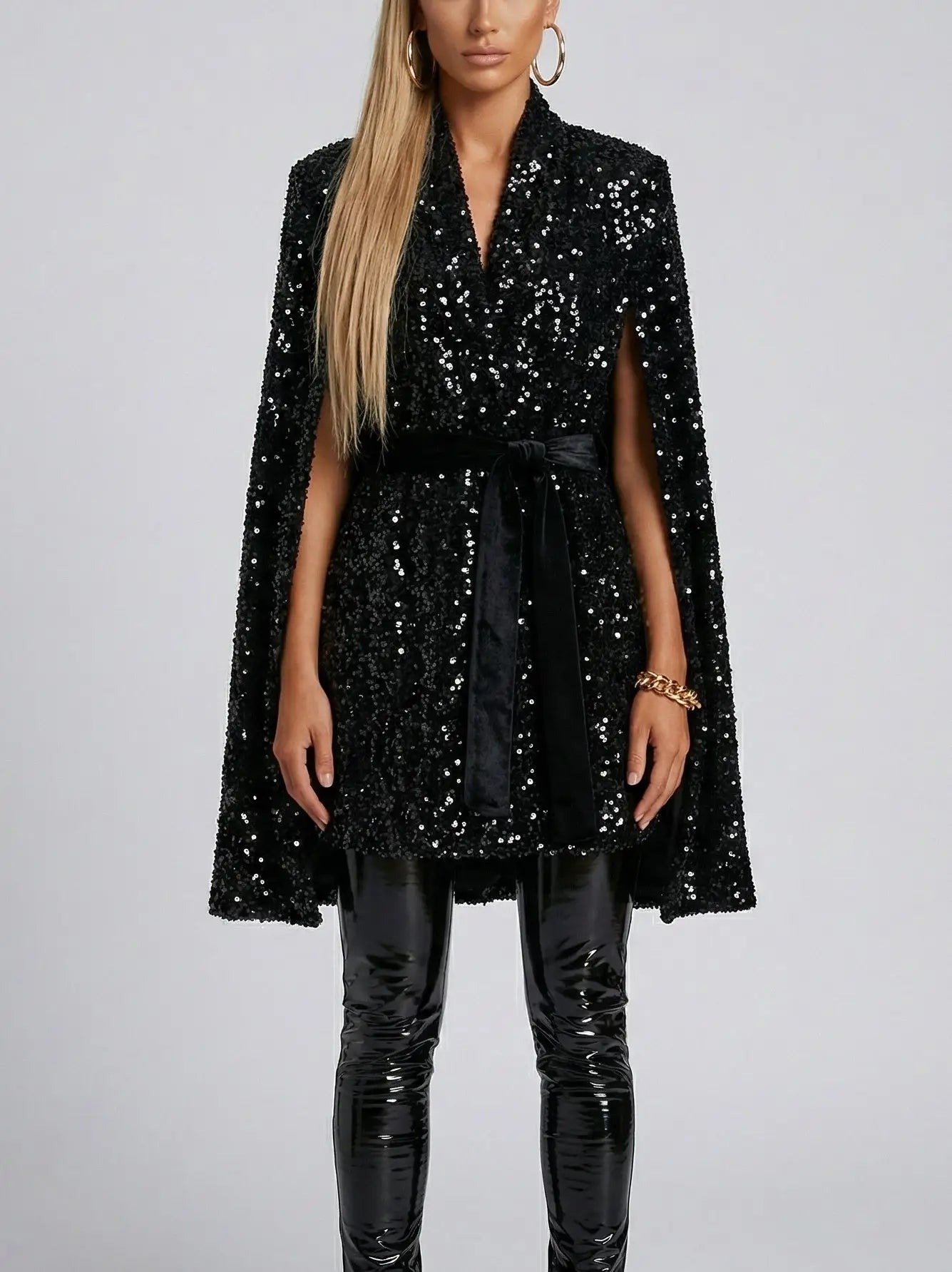 Belted Black Sequin Cape-Style Coat - Coats