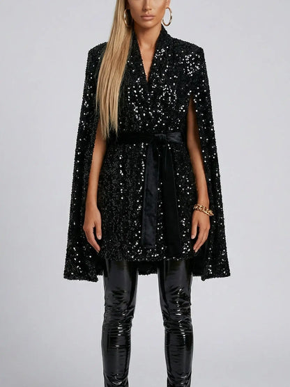 Belted Black Sequin Cape-Style Coat - Coats