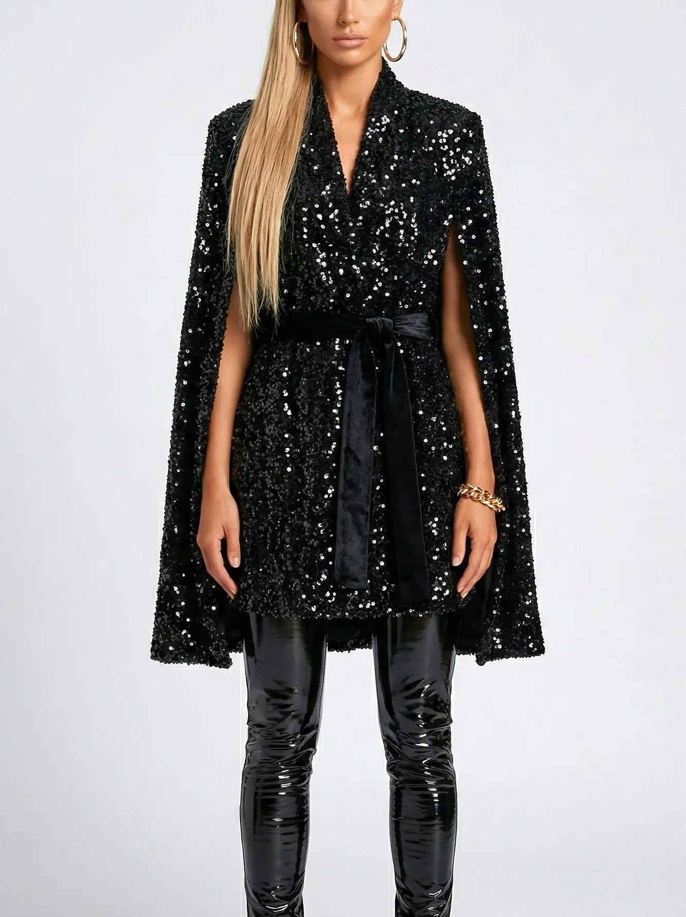 Belted Black Sequin Cape-Style Coat - Coats