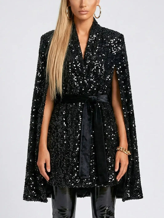 Belted Black Sequin Cape-Style Coat - S - Coats