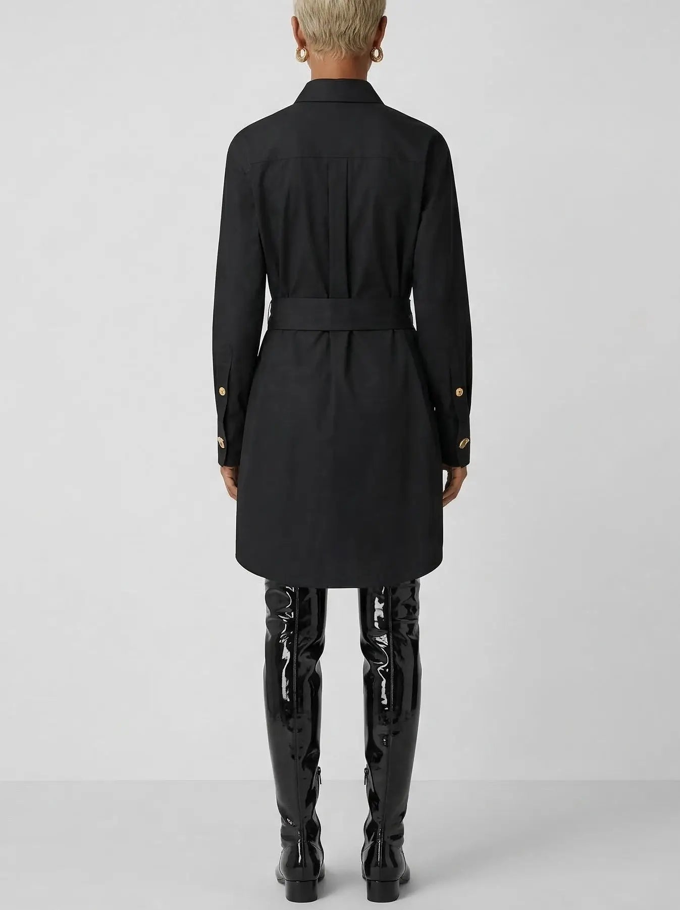 Belted Black Shirt Dress with Decorative Buttons - Dresses