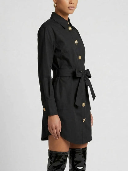 Belted Black Shirt Dress with Decorative Buttons - Dresses