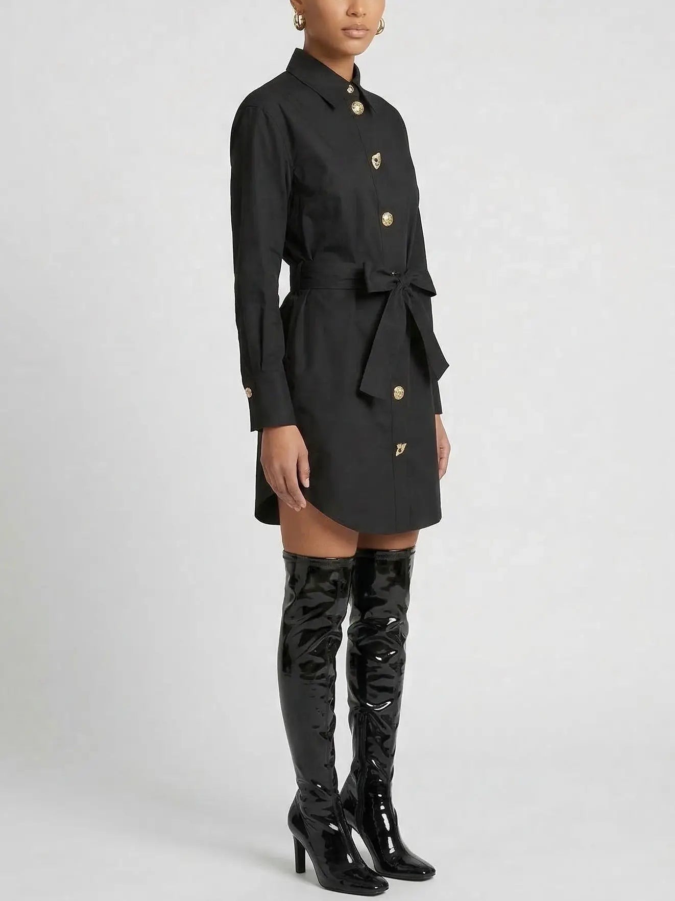 Belted Black Shirt Dress with Decorative Buttons - Dresses