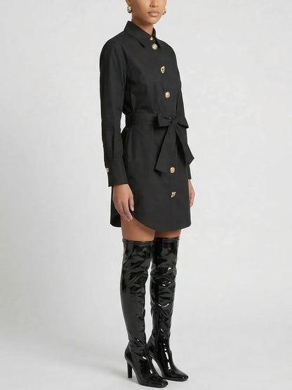 Belted Black Shirt Dress with Decorative Buttons - Dresses
