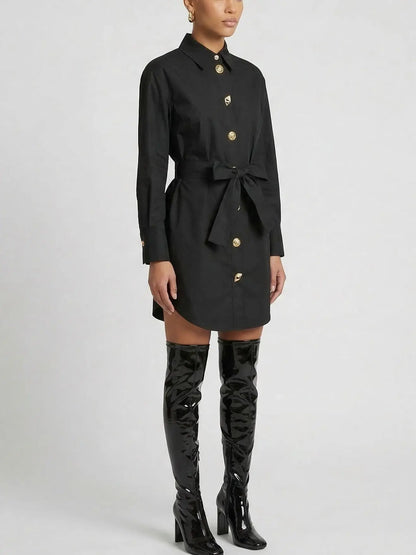 Belted Black Shirt Dress with Decorative Buttons - Dresses