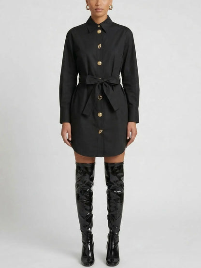 Belted Black Shirt Dress with Decorative Buttons - Dresses