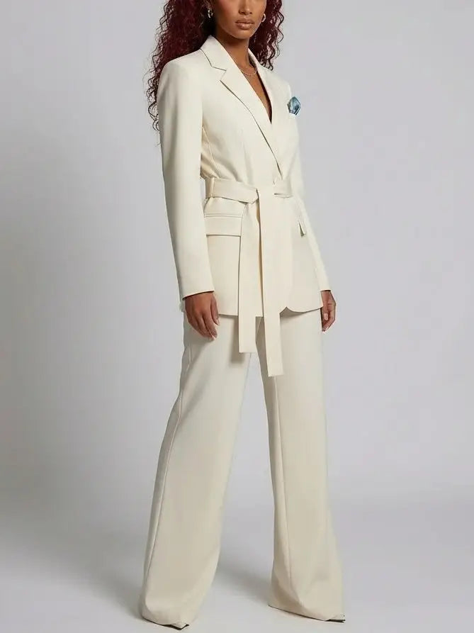 Belted Tailored Blazer and Wide-Leg Trouser Suit in Cream - Suits & Sets