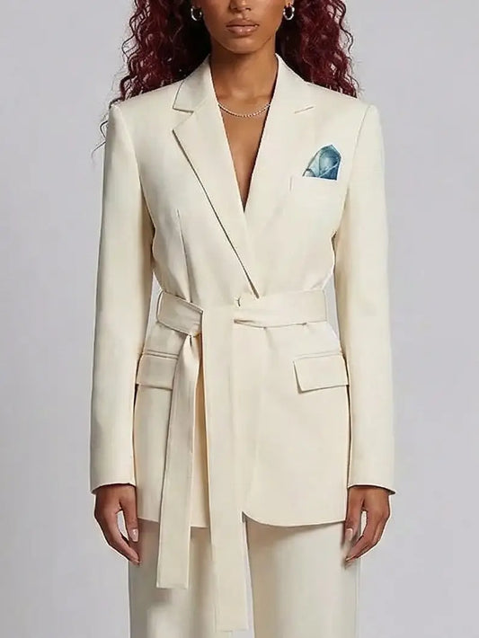 Belted Tailored Blazer and Wide-Leg Trouser Suit in Cream - Suits & Sets