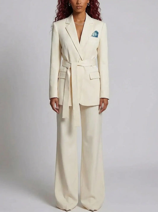 Belted Tailored Blazer and Wide-Leg Trouser Suit in Cream - S - Suits & Sets