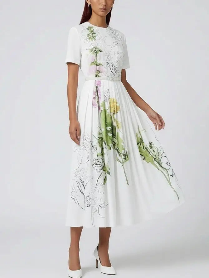 Belted Botanical Illustration Cotton Midi Dress - Dresses