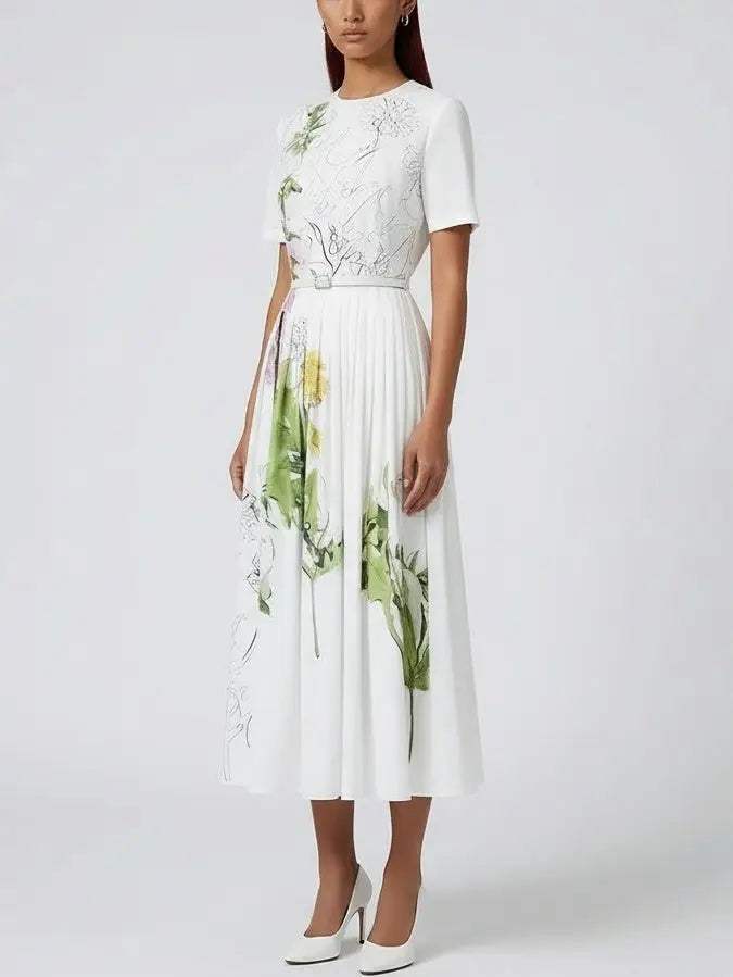 Belted Botanical Illustration Cotton Midi Dress - Dresses