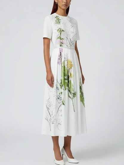 Belted Botanical Illustration Cotton Midi Dress - Dresses