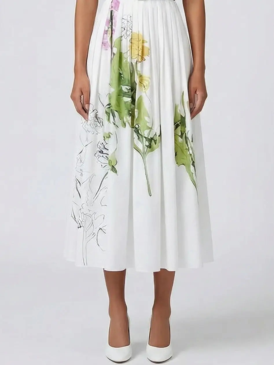 Belted Botanical Illustration Cotton Midi Dress - Dresses