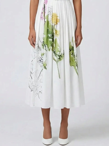Belted Botanical Illustration Cotton Midi Dress - Dresses