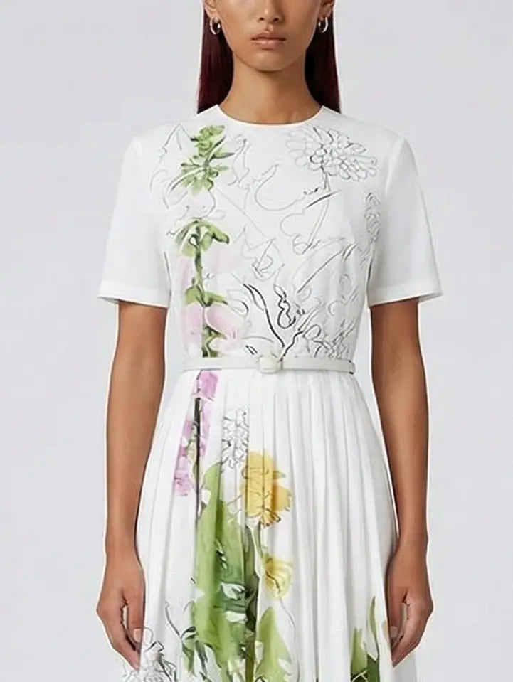 Belted Botanical Illustration Cotton Midi Dress - Dresses