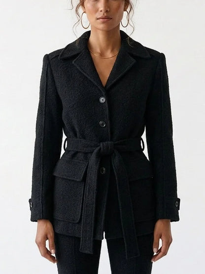 Belted Bouclé Jacket with Patch Pockets - Small / Black - Jackets
