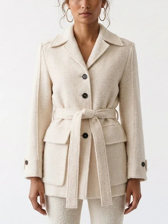 Belted Bouclé Jacket with Patch Pockets - Jackets