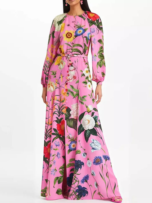 Belted Button-Front Floral-Print Pink Long-Sleeve Maxi Dress