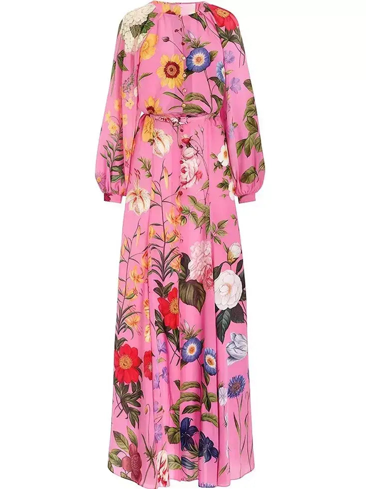 Belted Button-Front Floral-Print Pink Long-Sleeve Maxi Dress - Dresses